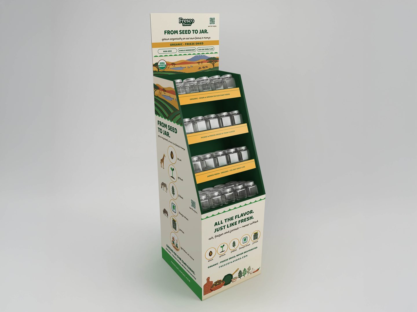 Fresco Flavors freestanding shelf-bin display concept render