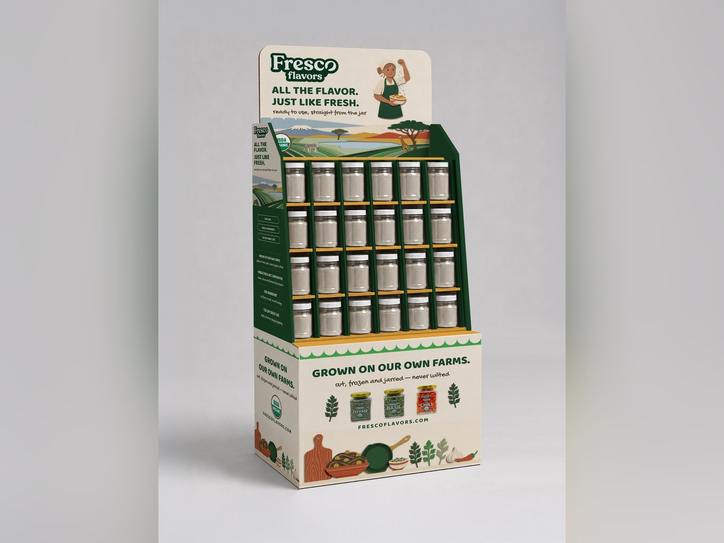Fresco Flavors freestanding shelf-bin display front render