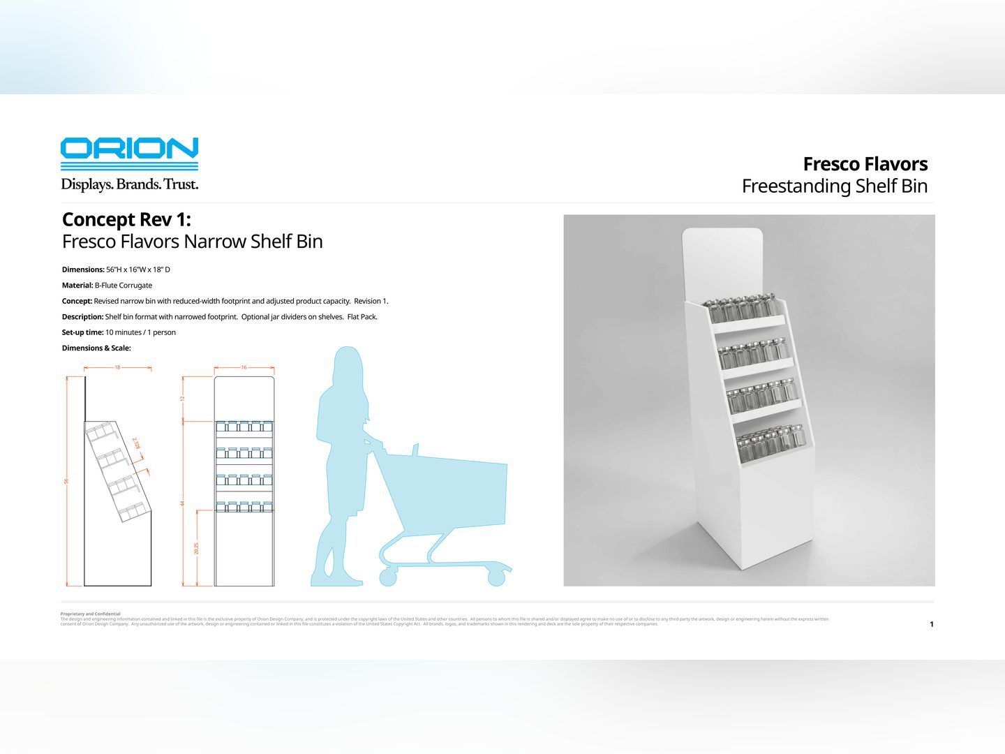 Fresco Flavors narrow shelf bin concept spec sheet